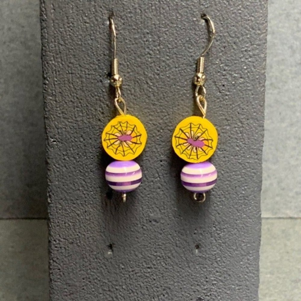 Halloween Earrings Spiderweb Purple Yellow White Stripe